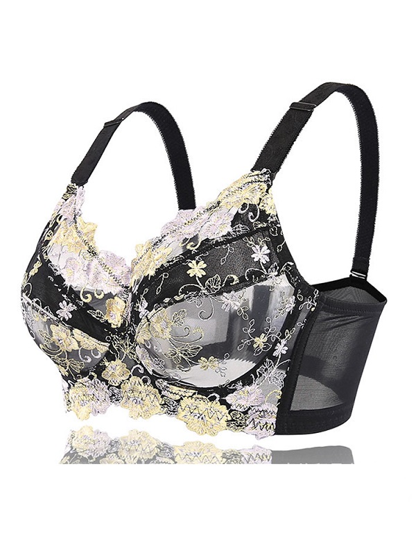 Plus Size Lace Embroidery Transparent Adjustable Gather Bra