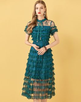 Short Sleeve Cake Lace Ruffles Mesh Vintage Dresses