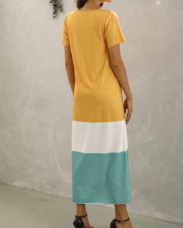 Short Sleeves Color Block Cotton Blend Maxi Dresses
