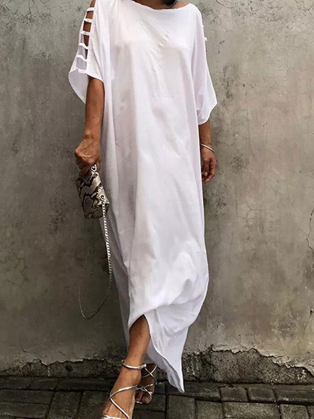 Short Sleeve Jewel Neck Polyester Long Maxi Dress - Power Day Sale