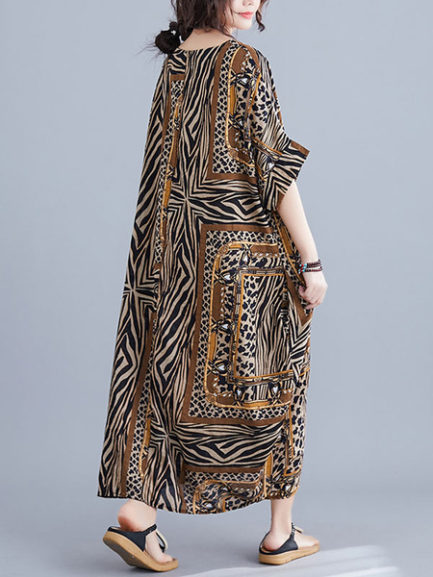Short Sleeves Leopard Print Jewel Neck Layered Cotton Long Maxi Dress ...