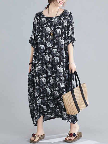Short Sleeves Leopard Print Jewel Neck Layered Cotton Long Maxi Dress ...