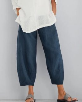 Solid Color Cotton Elastic Waist Trouser Pants