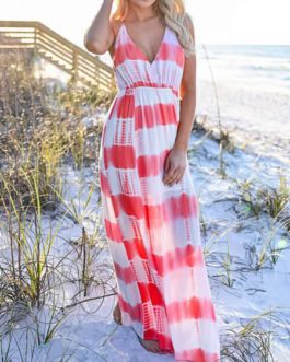 Stripe Maxi Dresses Sleeveless Long Beach Dress