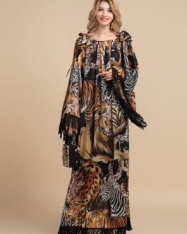 Tassels Sleeve Animal Leopard Print Vintage Party Long Dress