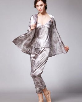 Three Piece Nightwear Silk Like Dragon Printed Lingerie