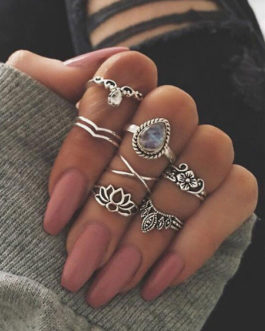 Boho Knuckle Embossed Hollow Out Gems Jewled Vintage Rings Set In 7 Pieces