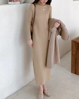 Casual Thick Warm Turtleneck Mid-Length Sweater Dress