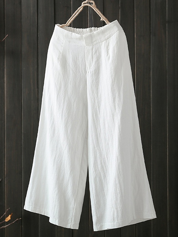 Elastic Waist Loose Cotton Wide Leg Pant with Pocket - Power Day Sale