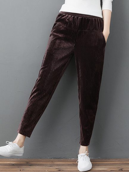 Elastic Waist Pockets Solid Color Velvet Pants - Power Day Sale