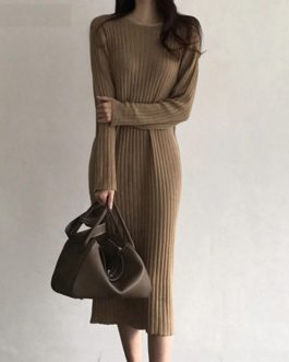 Elegant Casual O-Neck Long Loose Knitted Sweater Dress