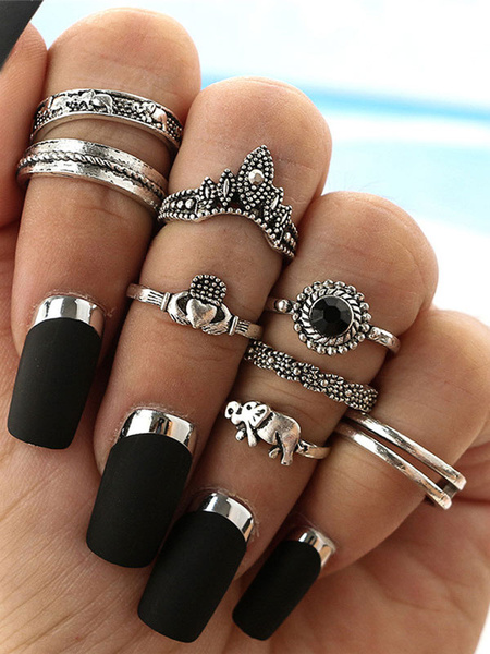 Ethnic Finger Ring Embossed 8 Piece Ring Set