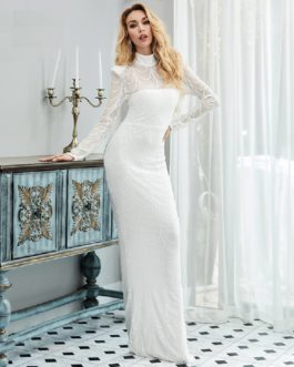 High Neck Sequin Long Sleeve Party Maxi Dresses