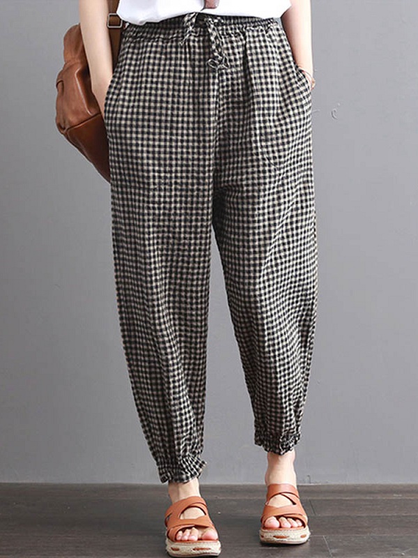 High Waist Plaid Long Harem Pants