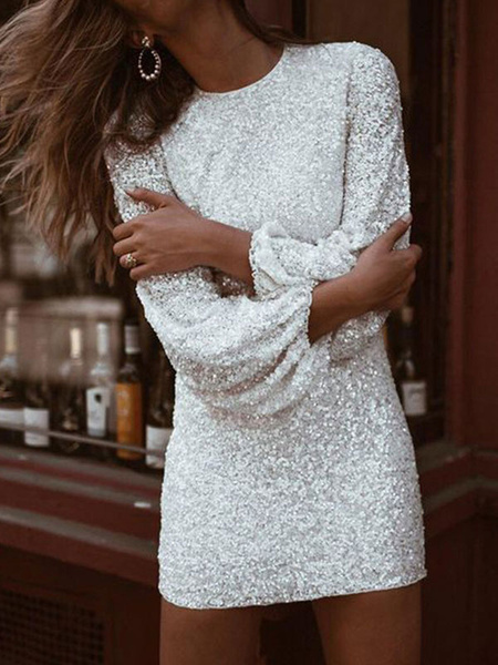 Jewel Neck Sexy Sequins Long Sleeves Puffed Sleeves Club Dress - Power ...