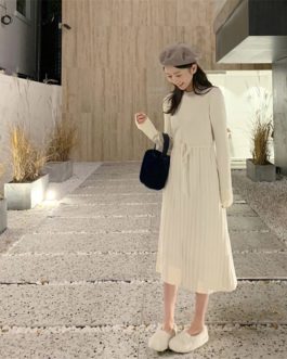 Knitted Pullover Elegant Lace Up A-line Sweater Dress