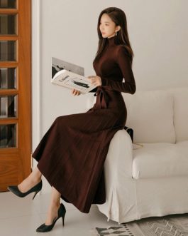 Lace Up Slim Waist Solid Knitted Pullover Sweater Dress