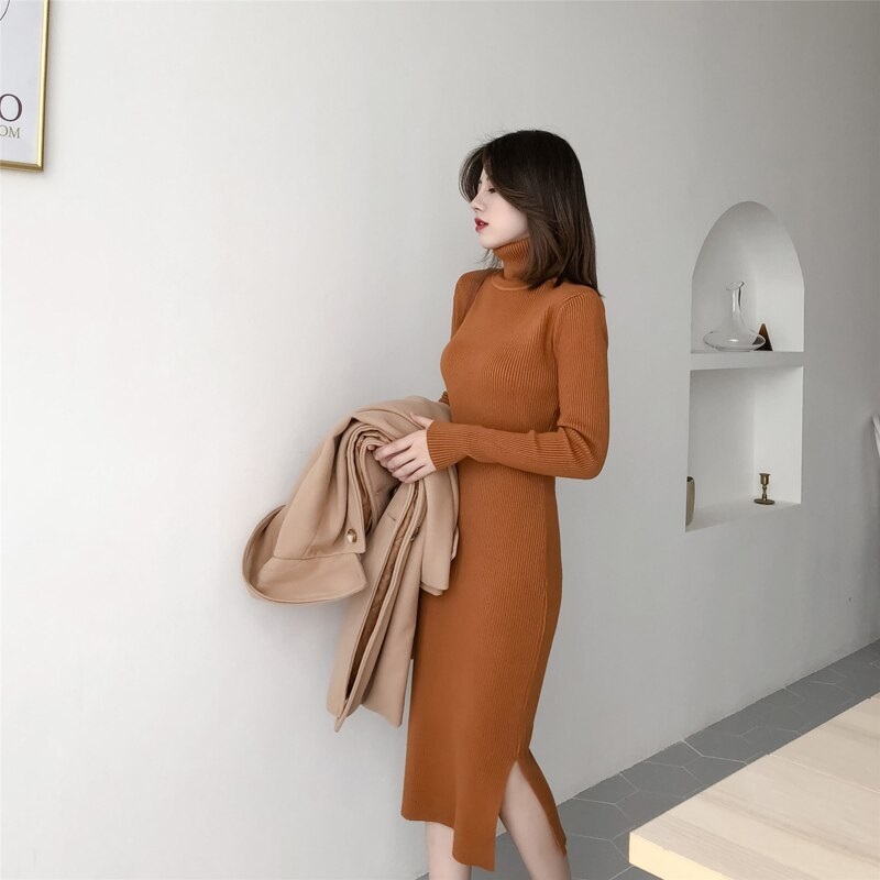 Long Sleeve Casual Long Turtleneck Sweater Dress