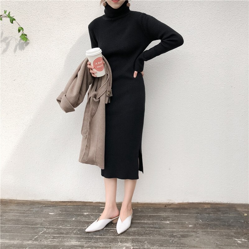 Long Sleeve Casual Long Turtleneck Sweater Dress - Power Day Sale