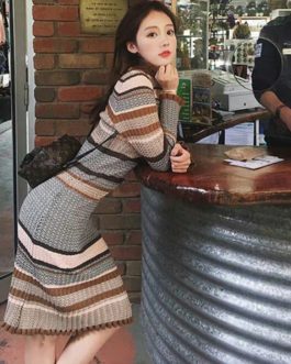 O-Neck Elegant Striped Vintage Slim Sweater Dress