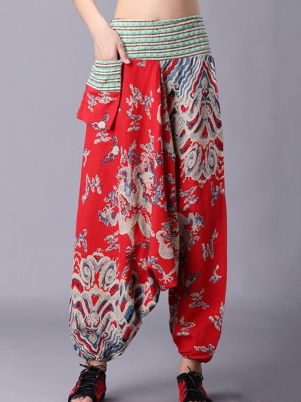 Retro Folk Style Printed Elastic Waist Pants - Power Day Sale