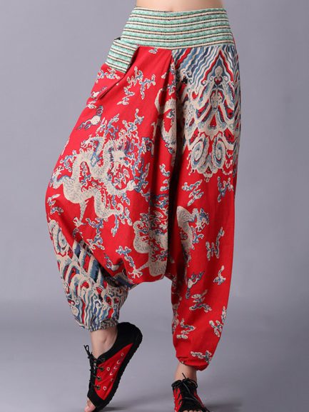 Retro Folk Style Printed Elastic Waist Pants - Power Day Sale