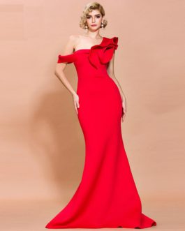Sexy One Shoulder Ruffles Evening Party Maxi Dress