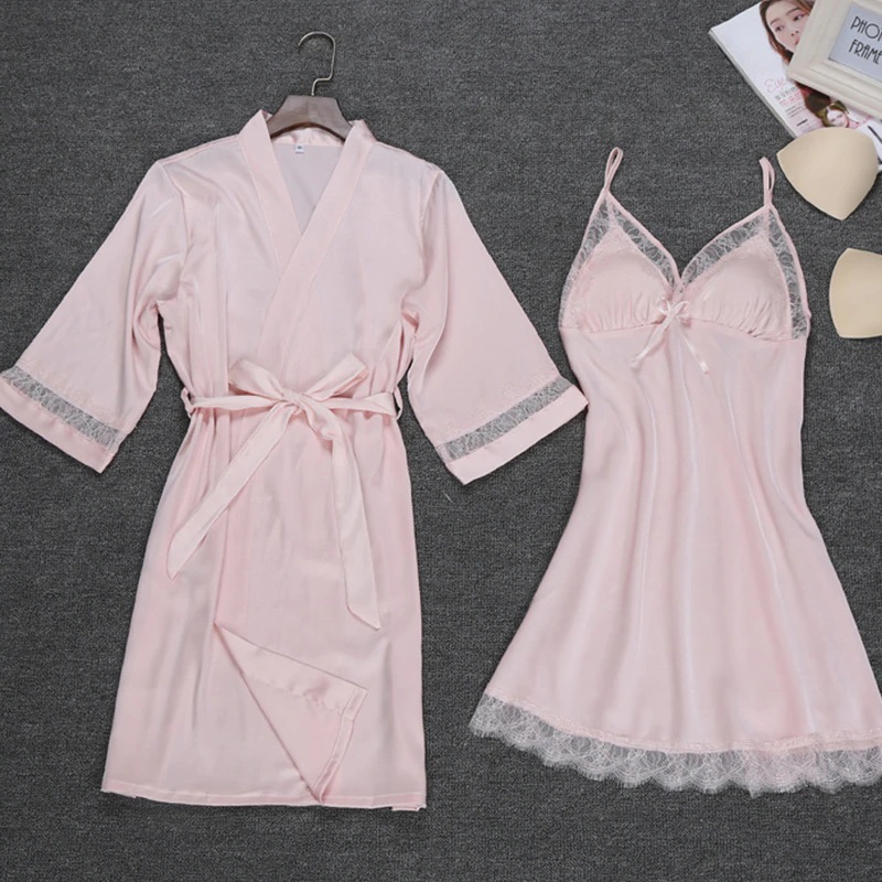 Sexy Robe Lace Gown Nightdress 2 PCS - Power Day Sale