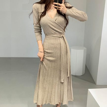 Sexy V-Neck Belted Knit Sweater Dresses - Power Day Sale