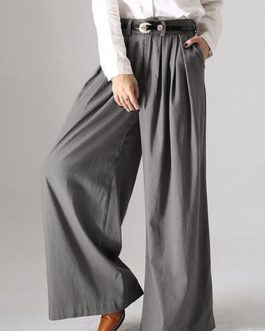 Solid Button Wide Leg Causal Pants