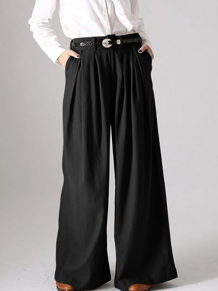 Solid Button Wide Leg Causal Pants - Power Day Sale