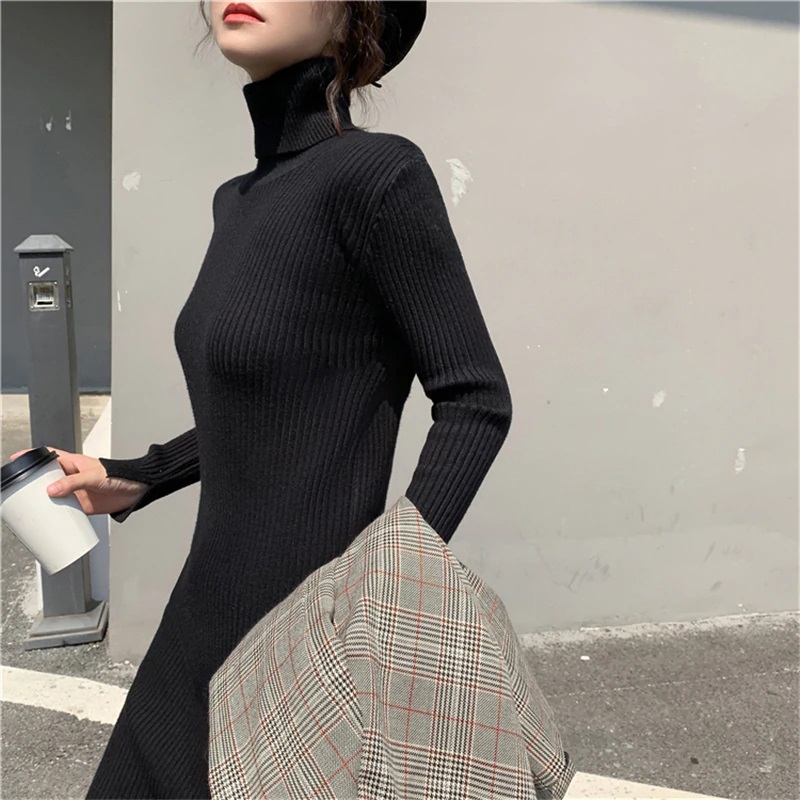 Solid Turtleneck Knitted Elegant Sweater Dress - Power Day Sale