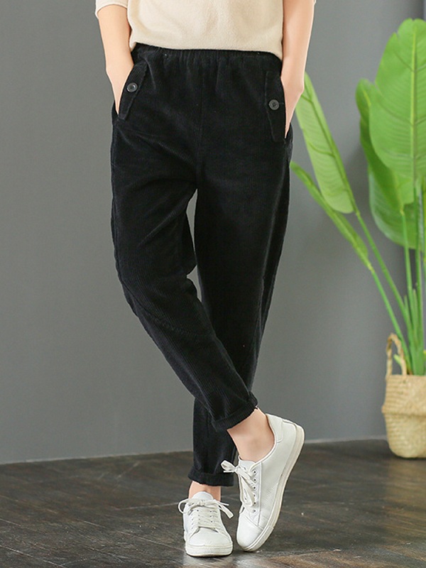 Solid Waist Elastic Corduroy Pants