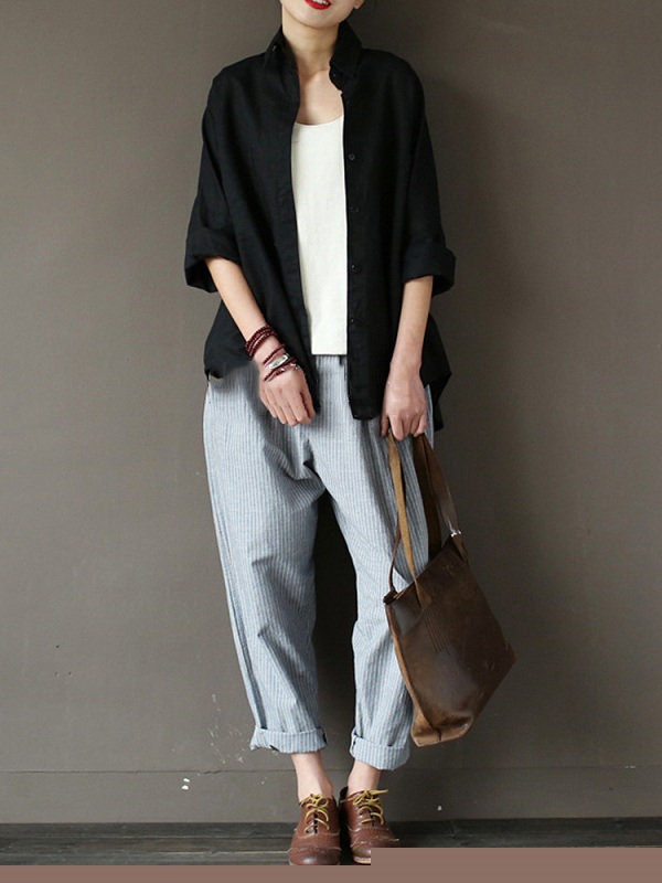 Stripe Elastic Waist Pockets Loose Pants