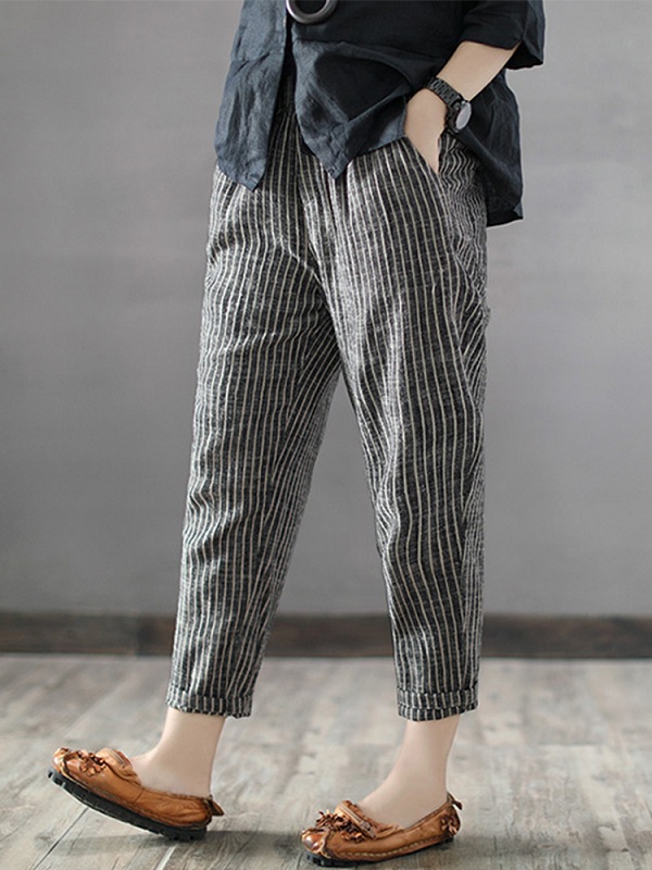 Striped High Elastic Waist Long Harem Pants - Power Day Sale