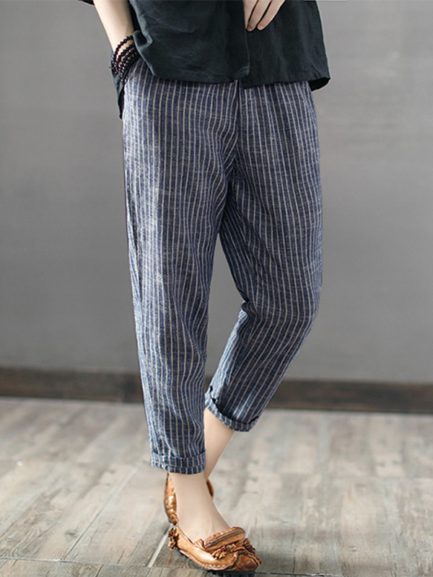 Striped High Elastic Waist Long Harem Pants - Power Day Sale