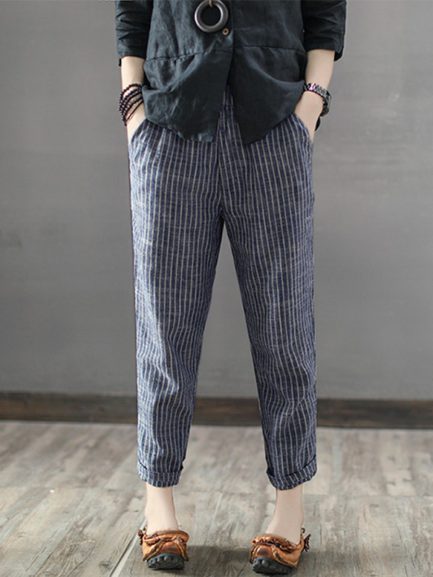 Striped High Elastic Waist Long Harem Pants - Power Day Sale