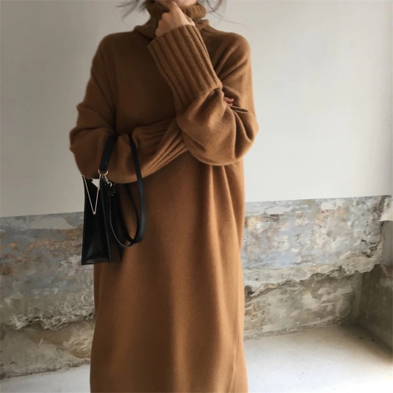 Thicken Oversized Turtleneck Knitted Long Sweater Dress - Power Day Sale