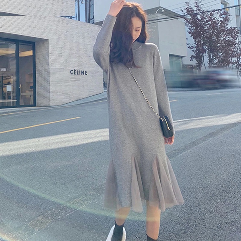 Turtleneck Full Sleeve Slim Stretch Vestidos Knitted Sweater Dresses