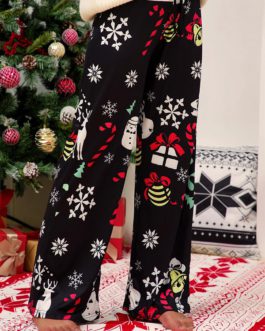 Wide Leg Christmas Print Elastic Waist Trousers Pants