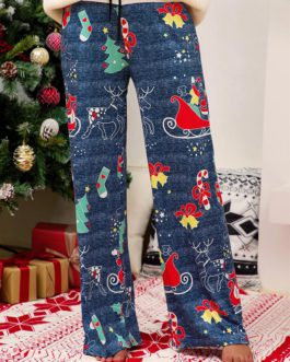Wide Leg Christmas Print Elastic Waist Trousers Pants