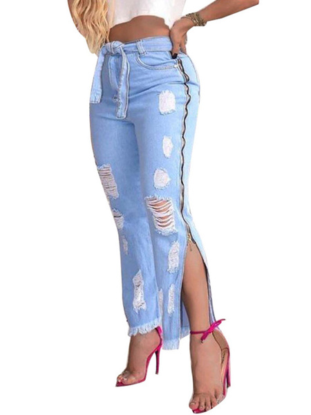 Zipper Natural Waist Distressed Split Casual Denim Trousers Pants