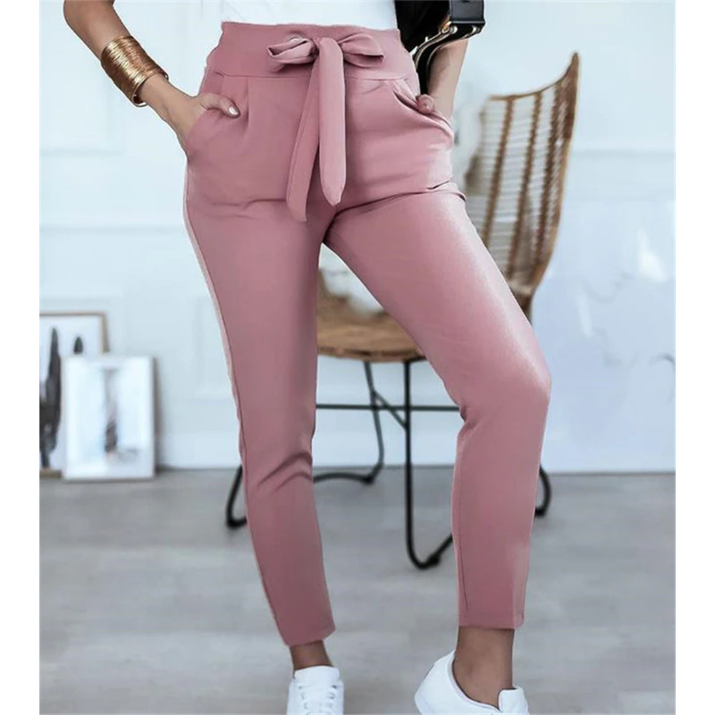 England Style Solid Color Bandage Design Pockets High Waist Slim Hips Pencil Trousers