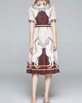Animal Print Turndown Collar Long Dress
