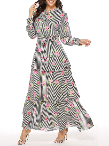 Embellished Collar Long Sleeves Stripes Tiered Long Maxi Dress