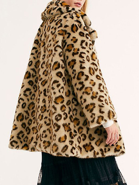 Faux Fur Long Sleeves Leopard Print Turndown Collar Coat - Power Day Sale