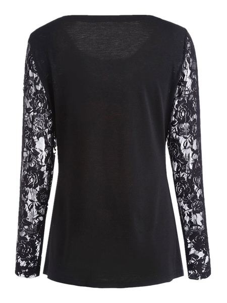 Halloween Tees Printed Lace Jewel Neck Polyester Shirt - Power Day Sale