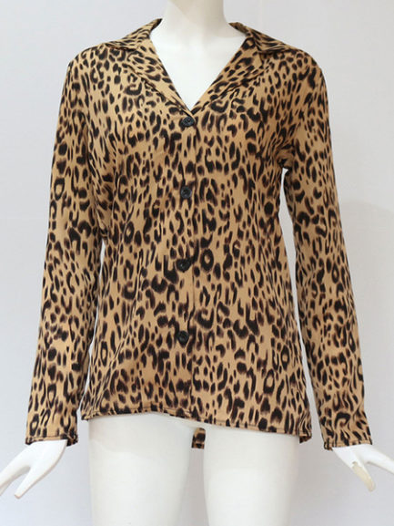 Leopard Print V-Neck Casual Long Sleeves Polyester Tops - Power Day Sale