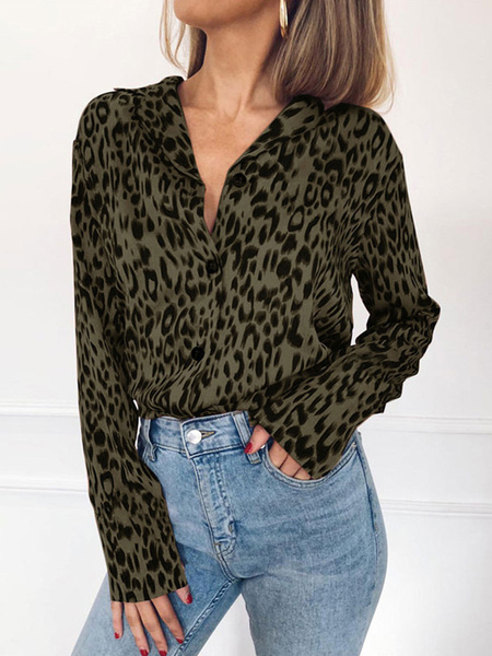 Leopard Print V-Neck Casual Long Sleeves Polyester Tops - Power Day Sale