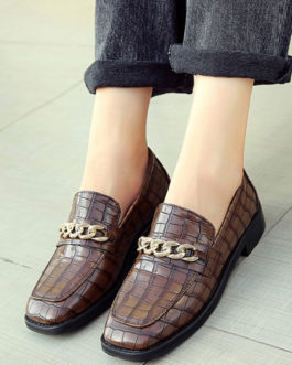 Loafers PU Leather Square Toe Chains Slip On Shoes